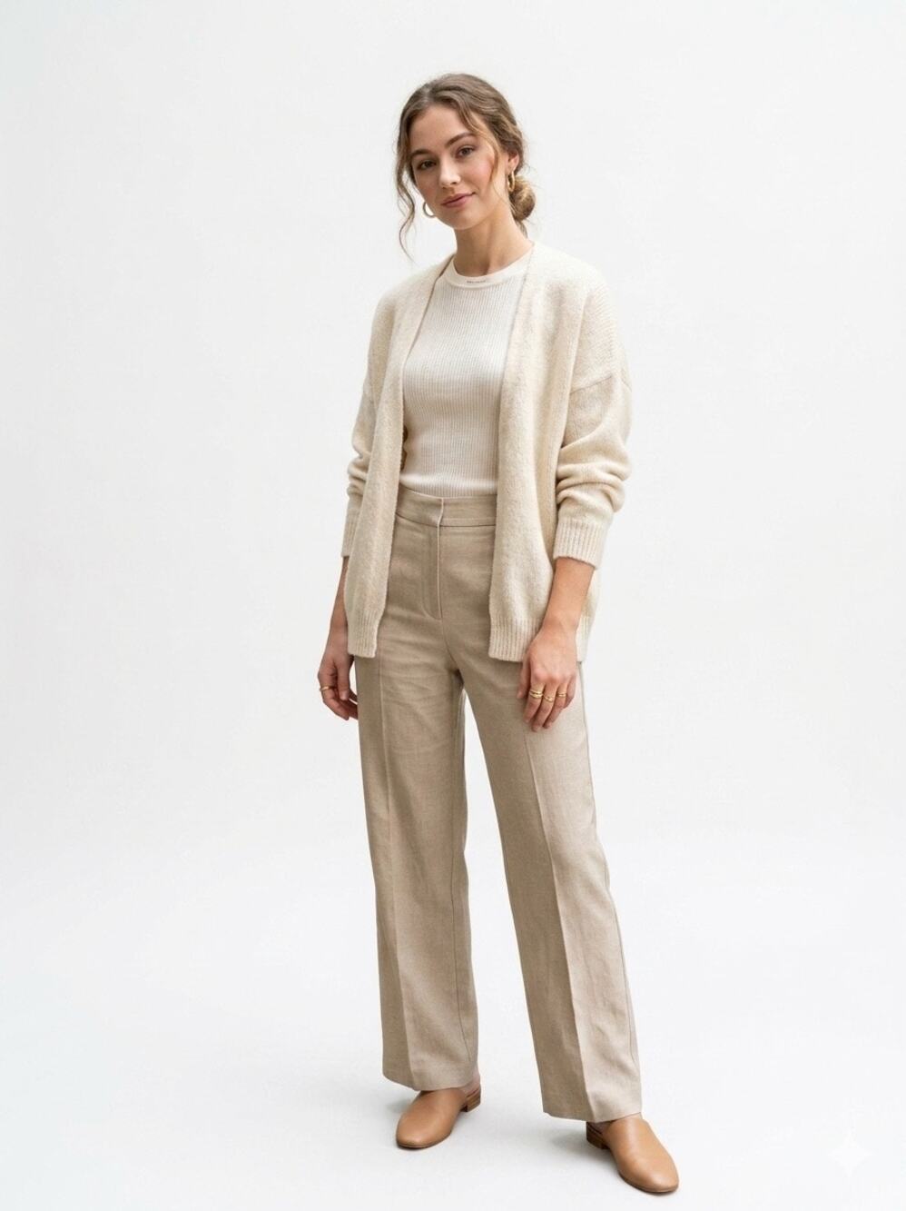 open-front, drop-shoulder cream knit cardigan sweater